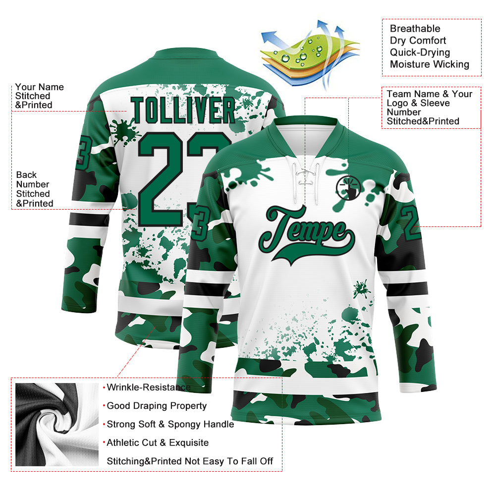 Custom Camo Kelly Green Black-White Splash Hockey Lace Neck Jersey