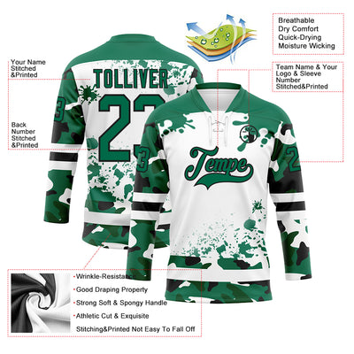 Custom Camo Kelly Green Black-White Splash Hockey Lace Neck Jersey
