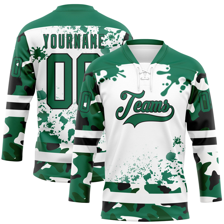 Custom Camo Kelly Green Black-White Splash Hockey Lace Neck Jersey