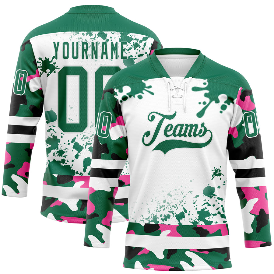 Custom Camo Kelly Green Black-White Splash Hockey Lace Neck Jersey