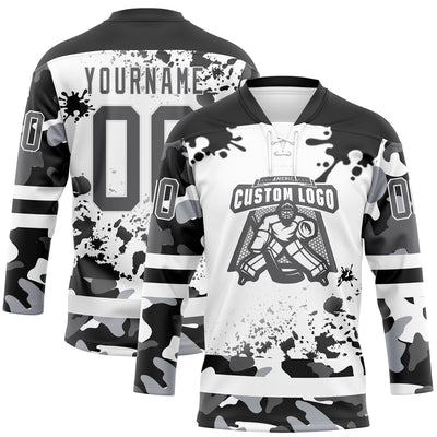 Custom Camo Steel Gray Black-White Splash Hockey Lace Neck Jersey