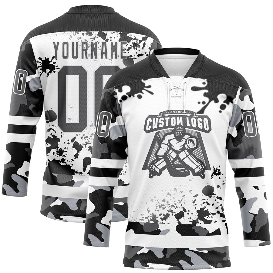 Custom Camo Steel Gray Black-White Splash Hockey Lace Neck Jersey