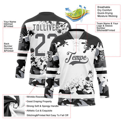 Custom Camo Steel Gray Black-White Splash Hockey Lace Neck Jersey