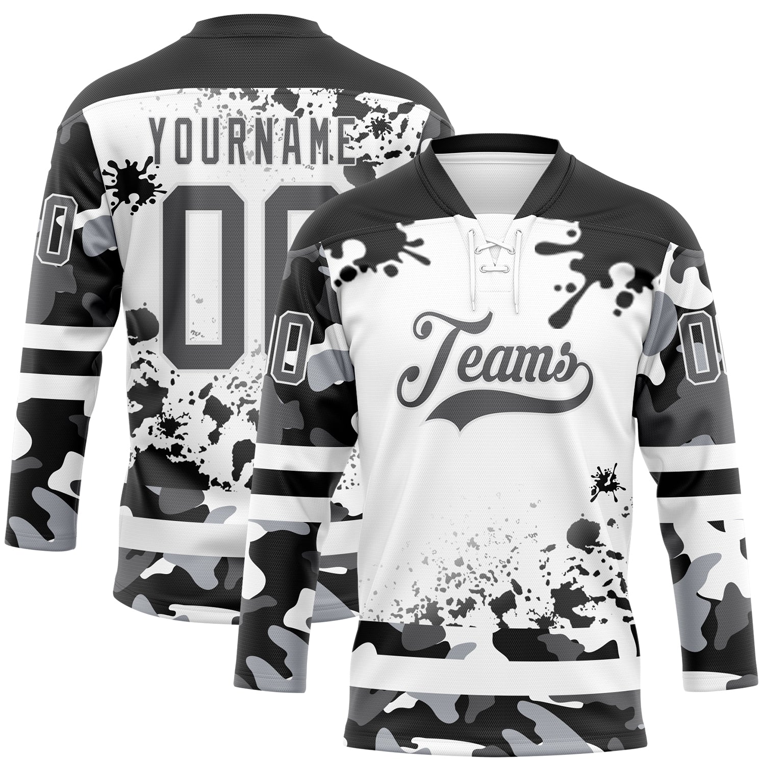 Custom Camo Steel Gray Black-White Splash Hockey Lace Neck Jersey