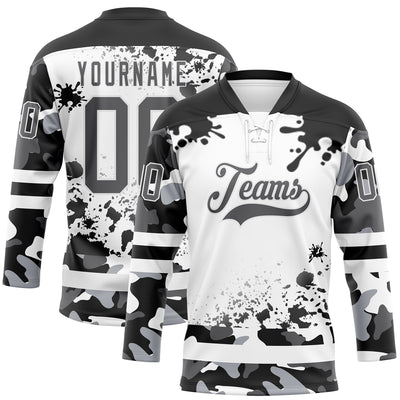 Custom Camo Steel Gray Black-White Splash Hockey Lace Neck Jersey