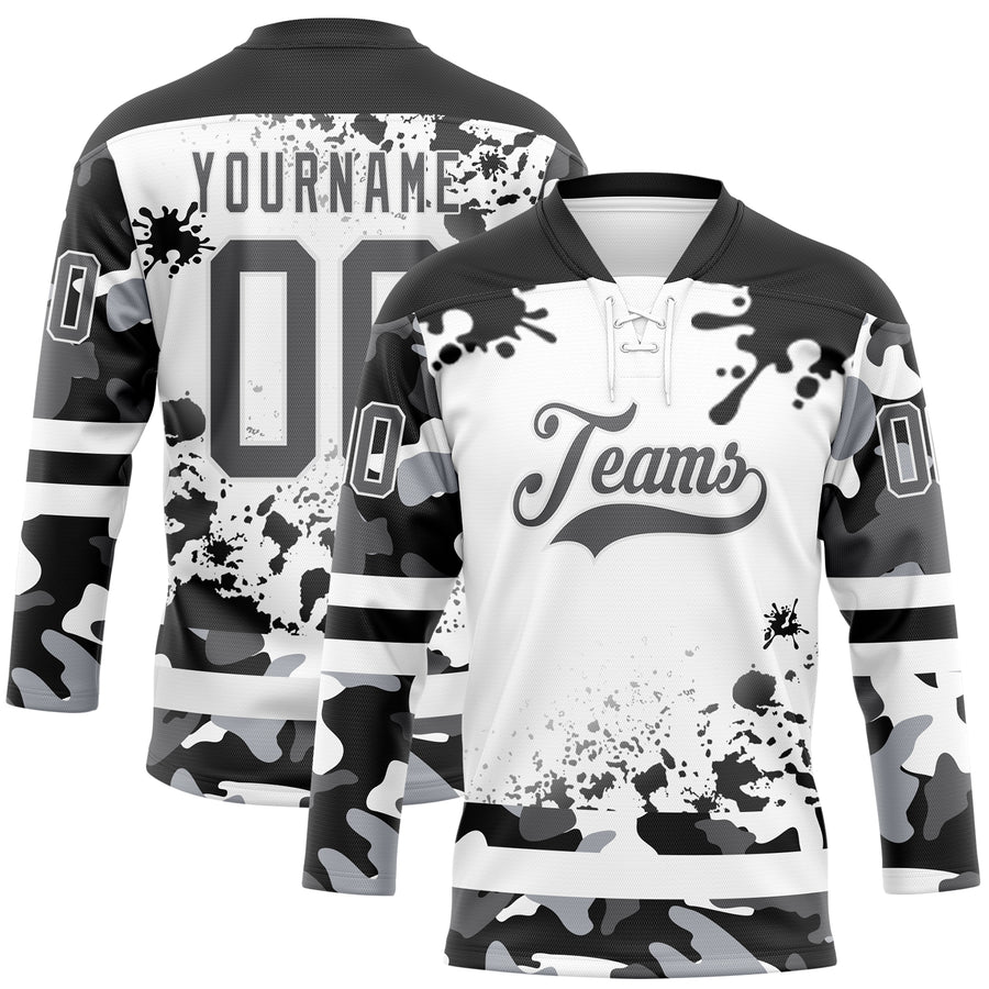 Custom Camo Steel Gray Black-White Splash Hockey Lace Neck Jersey