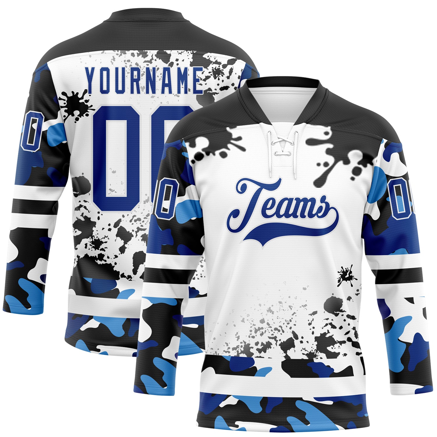 Custom Camo Royal Black-White Splash Hockey Lace Neck Jersey
