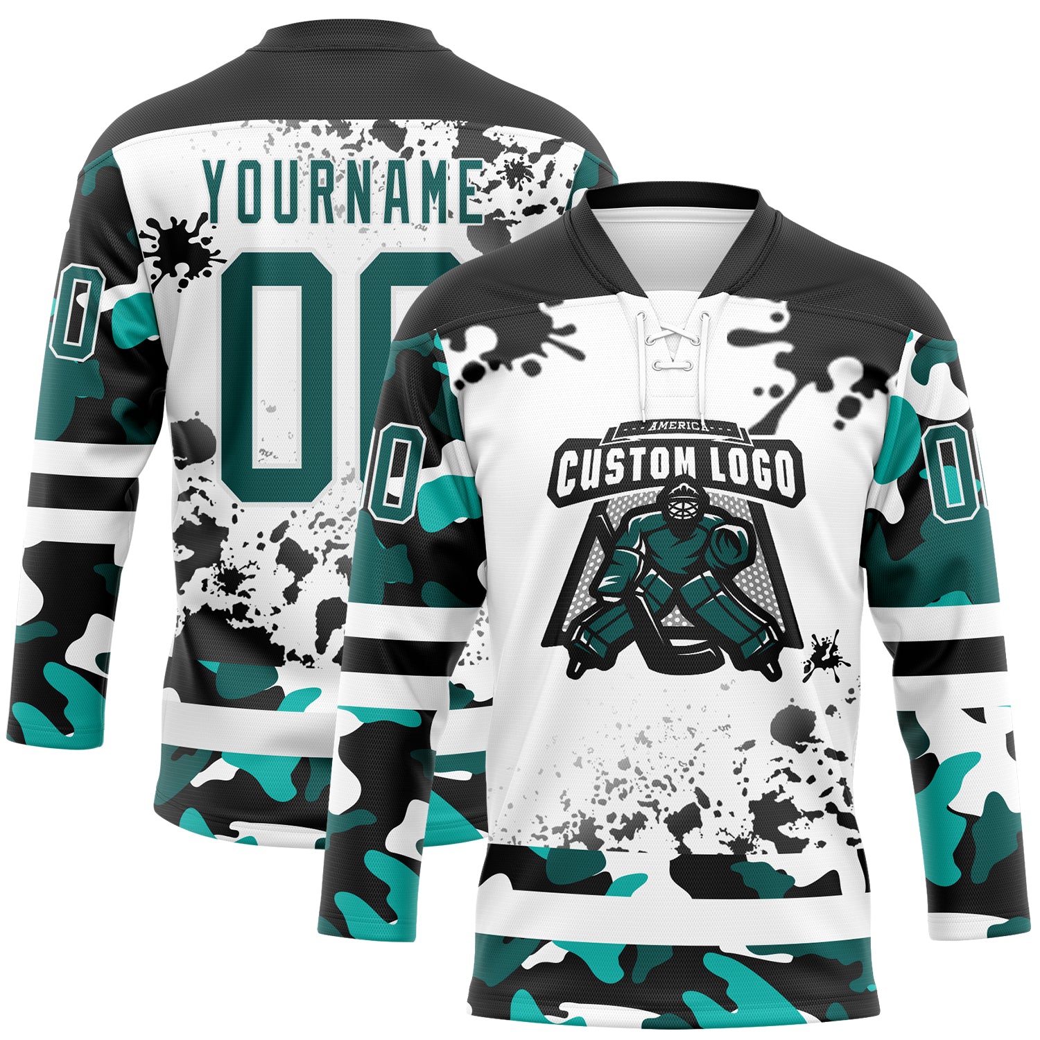 Custom Camo Midnight Green Black-White Splash Hockey Lace Neck Jersey