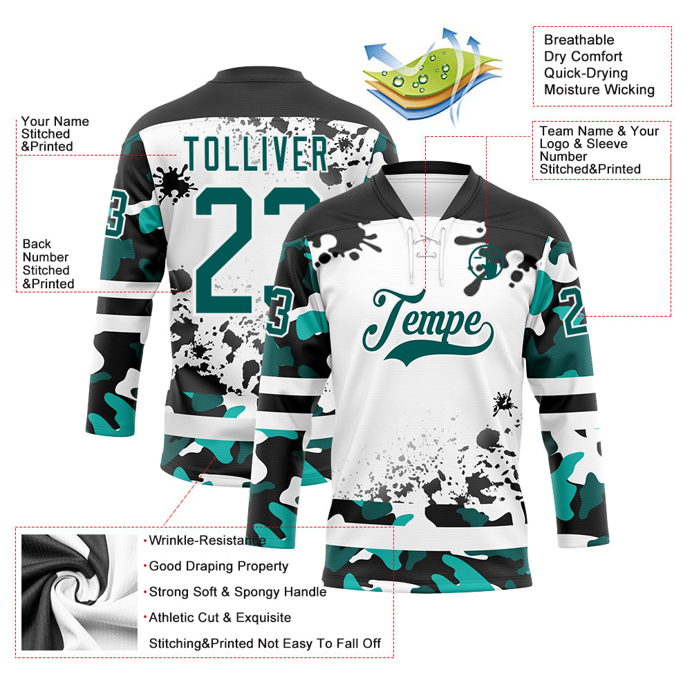 Custom Camo Midnight Green Black-White Splash Hockey Lace Neck Jersey
