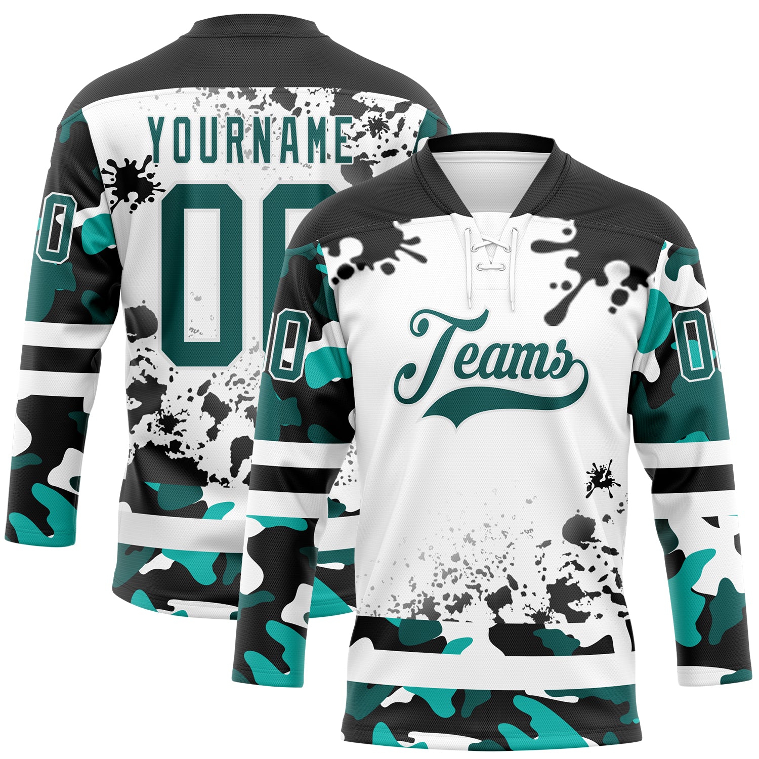 Custom Camo Midnight Green Black-White Splash Hockey Lace Neck Jersey