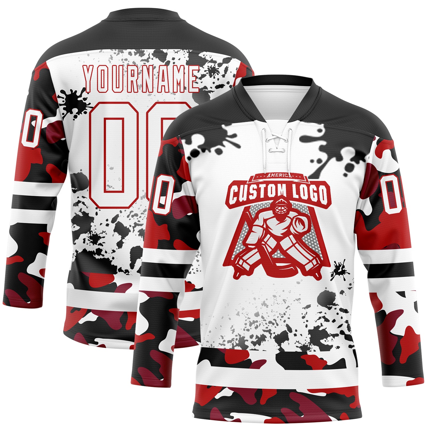 Custom Camo White Red-Black Splash Hockey Lace Neck Jersey
