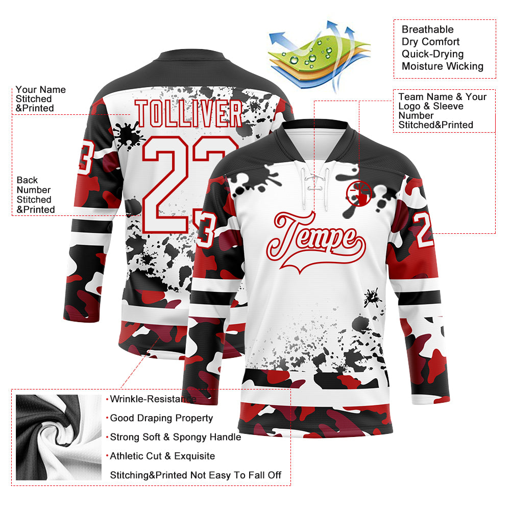 Custom Camo White Red-Black Splash Hockey Lace Neck Jersey