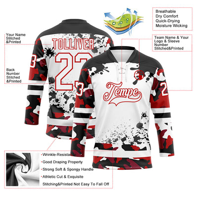 Custom Camo White Red-Black Splash Hockey Lace Neck Jersey