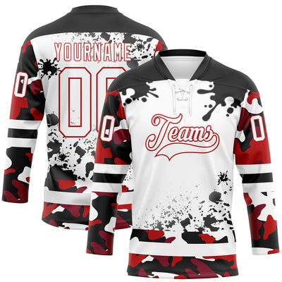 Custom Camo White Red-Black Splash Hockey Lace Neck Jersey