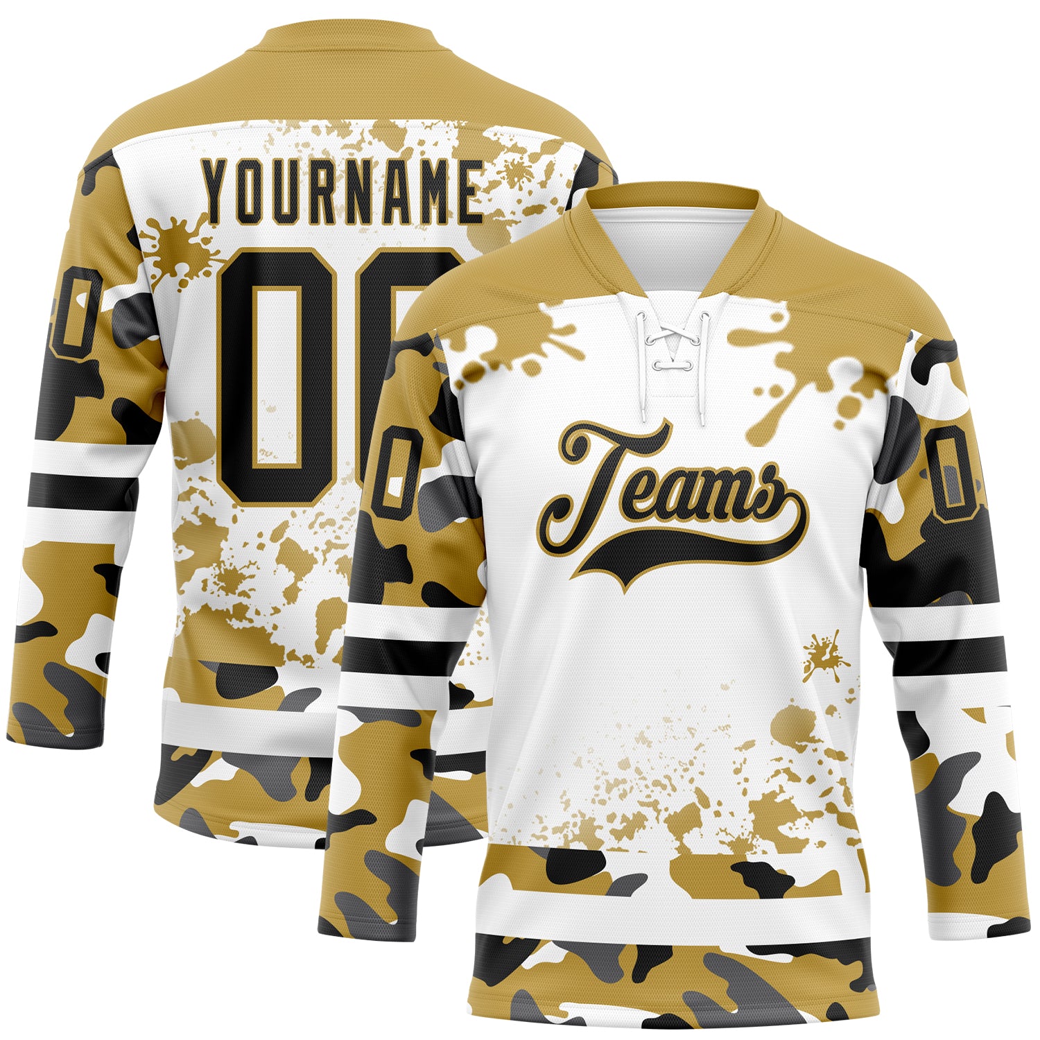 Custom Camo Black Old Gold-White Splash Hockey Lace Neck Jersey
