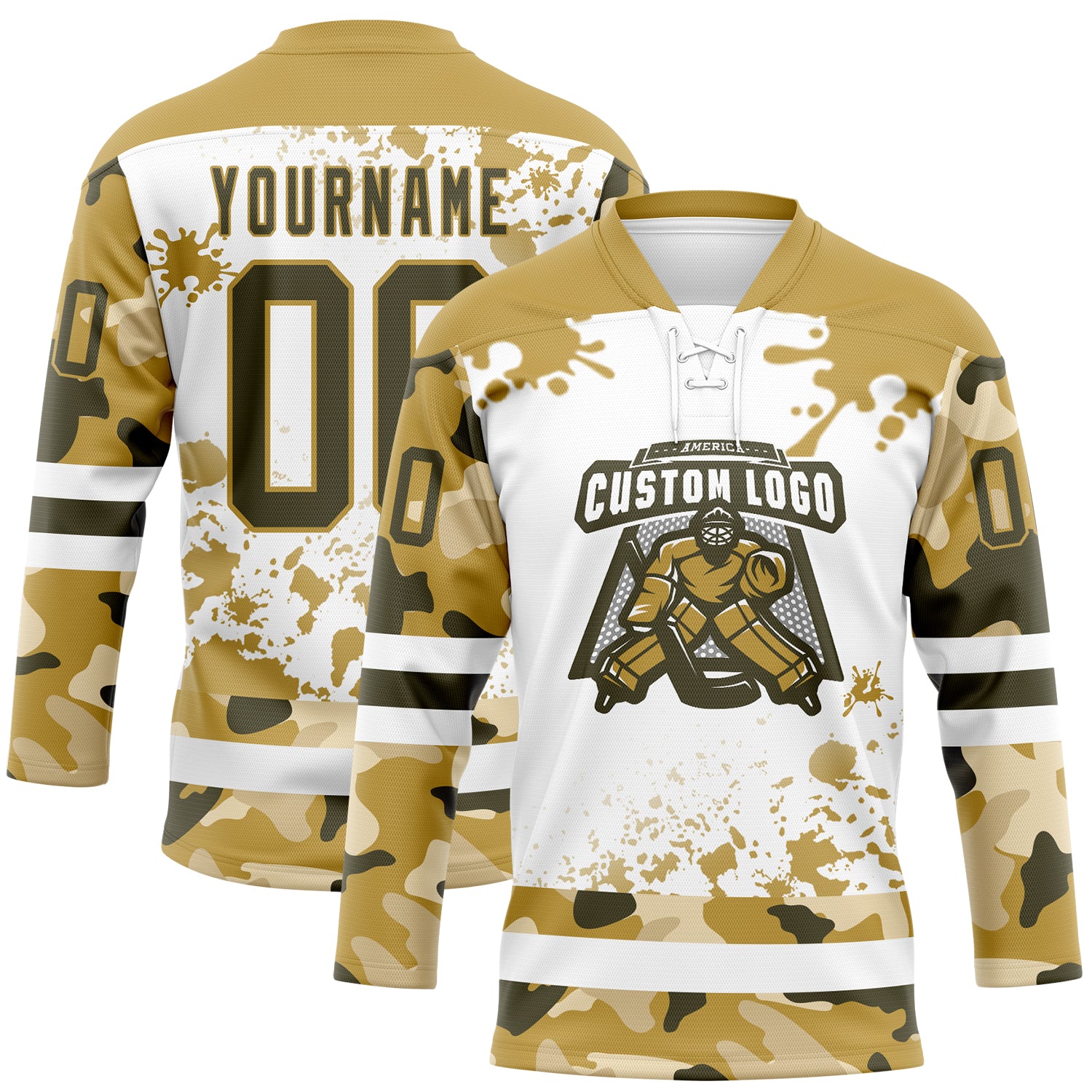Custom Camo Olive Old Gold-White Splash Hockey Lace Neck Jersey