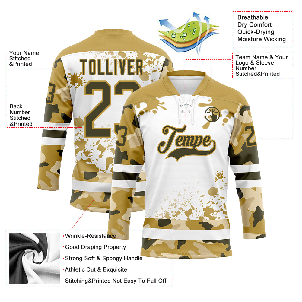 Custom Camo Olive Old Gold-White Splash Hockey Lace Neck Jersey