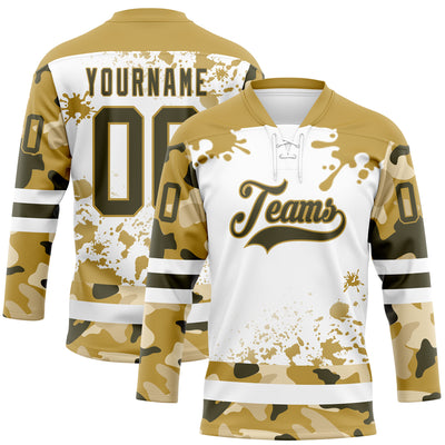 Custom Camo Olive Old Gold-White Splash Hockey Lace Neck Jersey