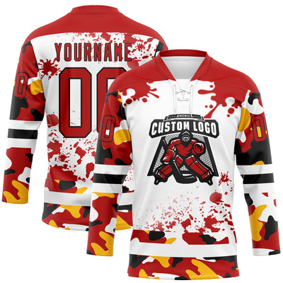 Custom Camo Red Black-White Splash Hockey Lace Neck Jersey