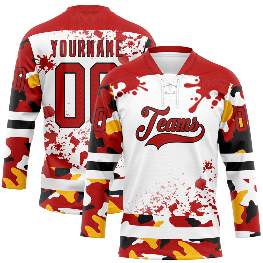 Custom Camo Red Black-White Splash Hockey Lace Neck Jersey