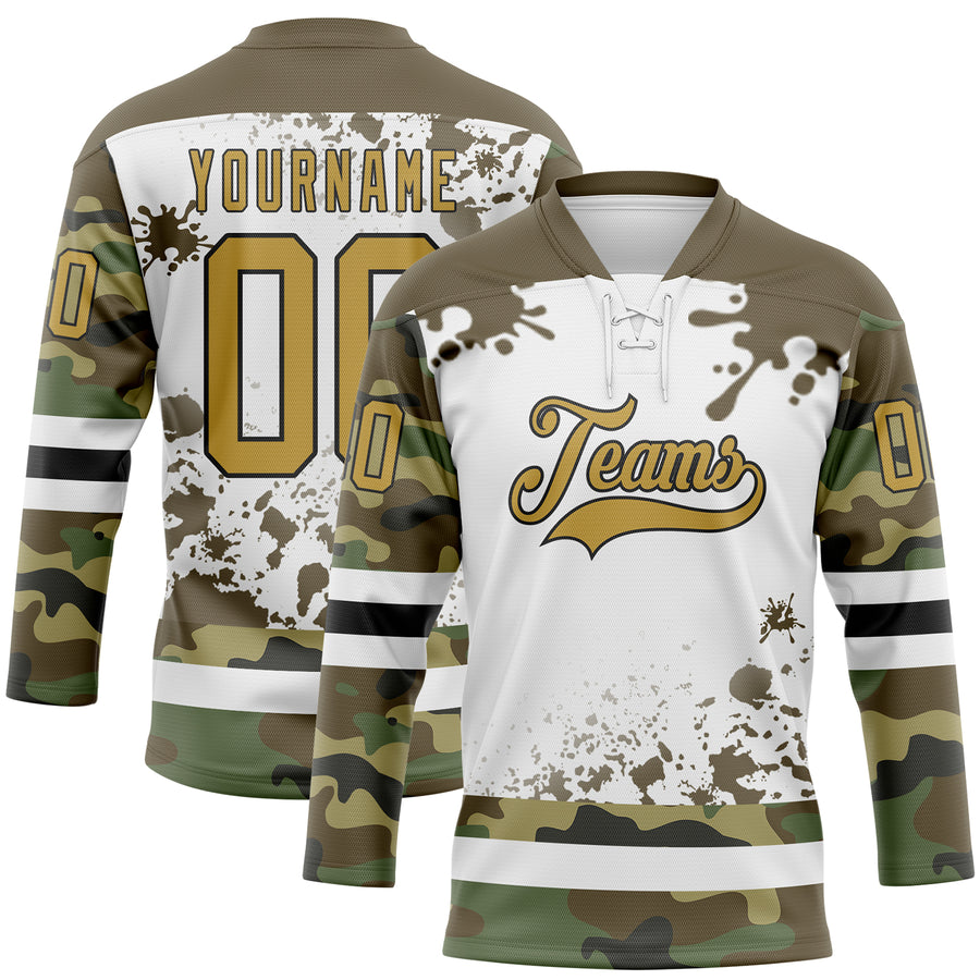 Custom Camo Old Gold Olive Black-White Splash Hockey Lace Neck Jersey