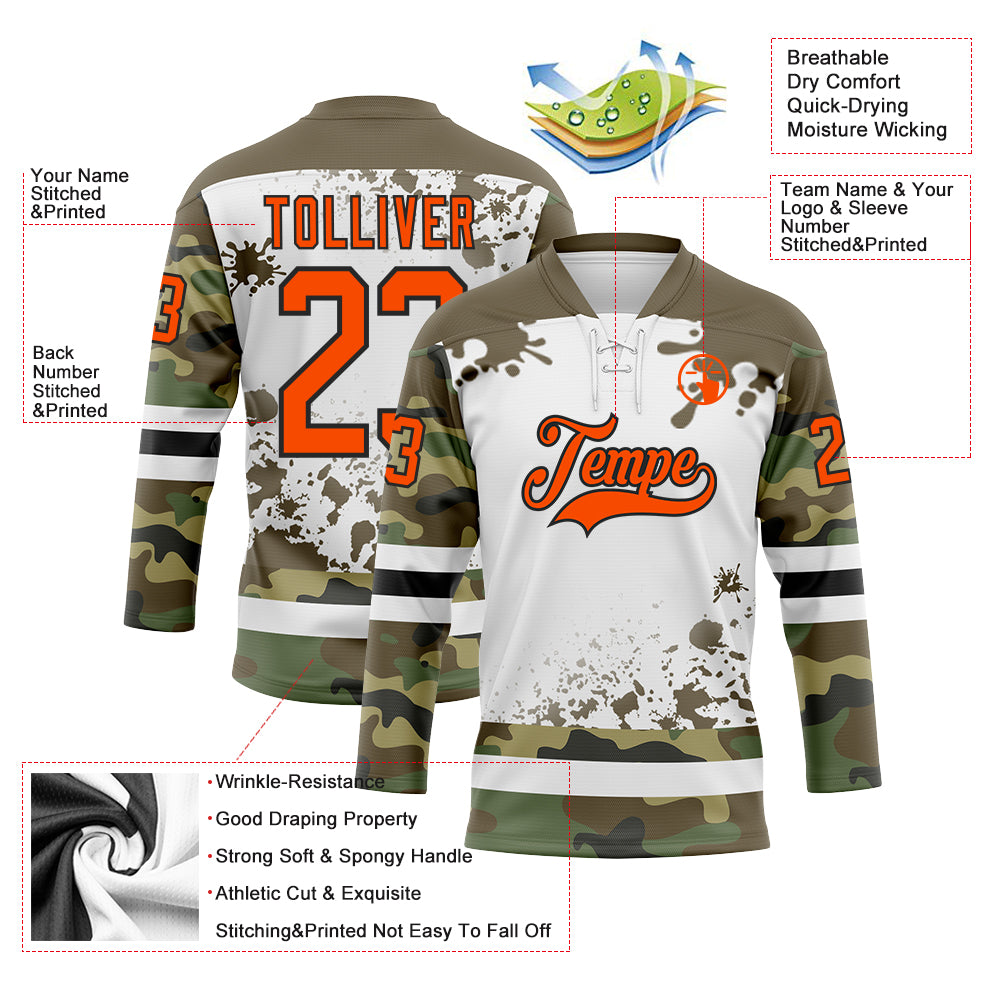 Custom Camo Orange Olive Black-White Splash Hockey Lace Neck Jersey