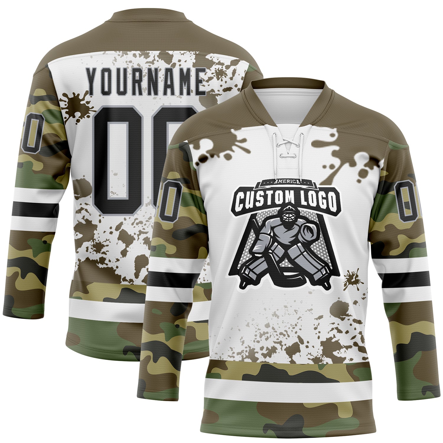 Custom Camo Black Olive Gray-White Splash Hockey Lace Neck Jersey