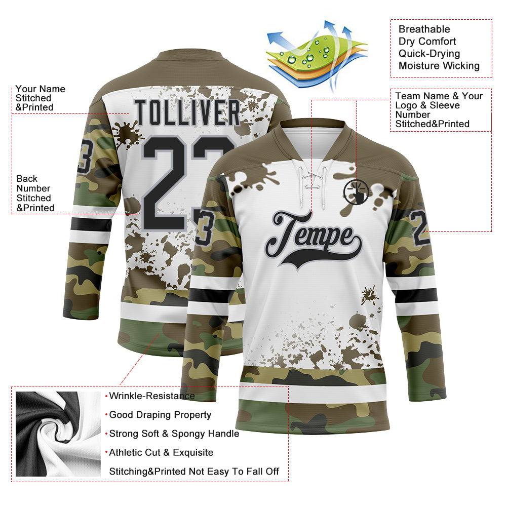 Custom Camo Black Olive Gray-White Splash Hockey Lace Neck Jersey