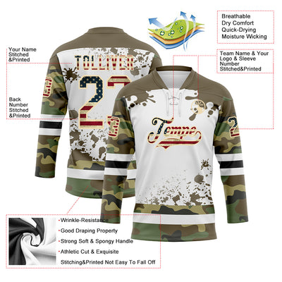 Custom Camo Vintage USA Flag Olive Black Cream-White Splash Hockey Lace Neck Jersey