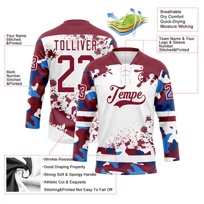 Custom Camo Crimson-White Splash Hockey Lace Neck Jersey