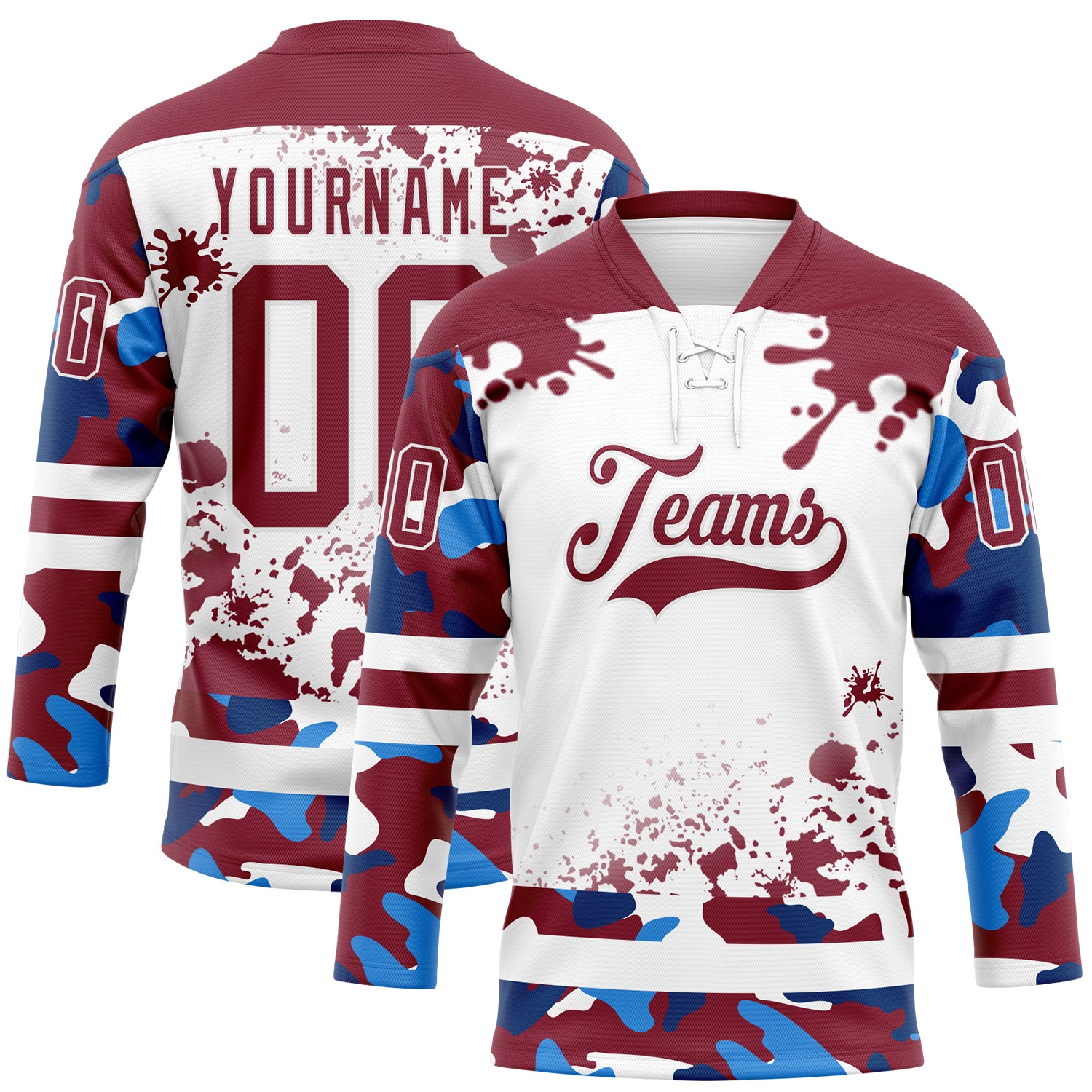 Custom Camo Crimson-White Splash Hockey Lace Neck Jersey