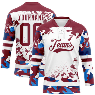Custom Camo Crimson-White Splash Hockey Lace Neck Jersey