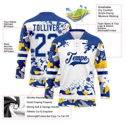 Custom Camo Royal Gray-White Splash Hockey Lace Neck Jersey