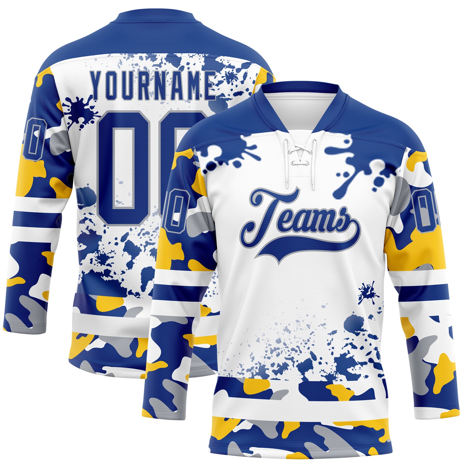 Custom Camo Royal Gray-White Splash Hockey Lace Neck Jersey