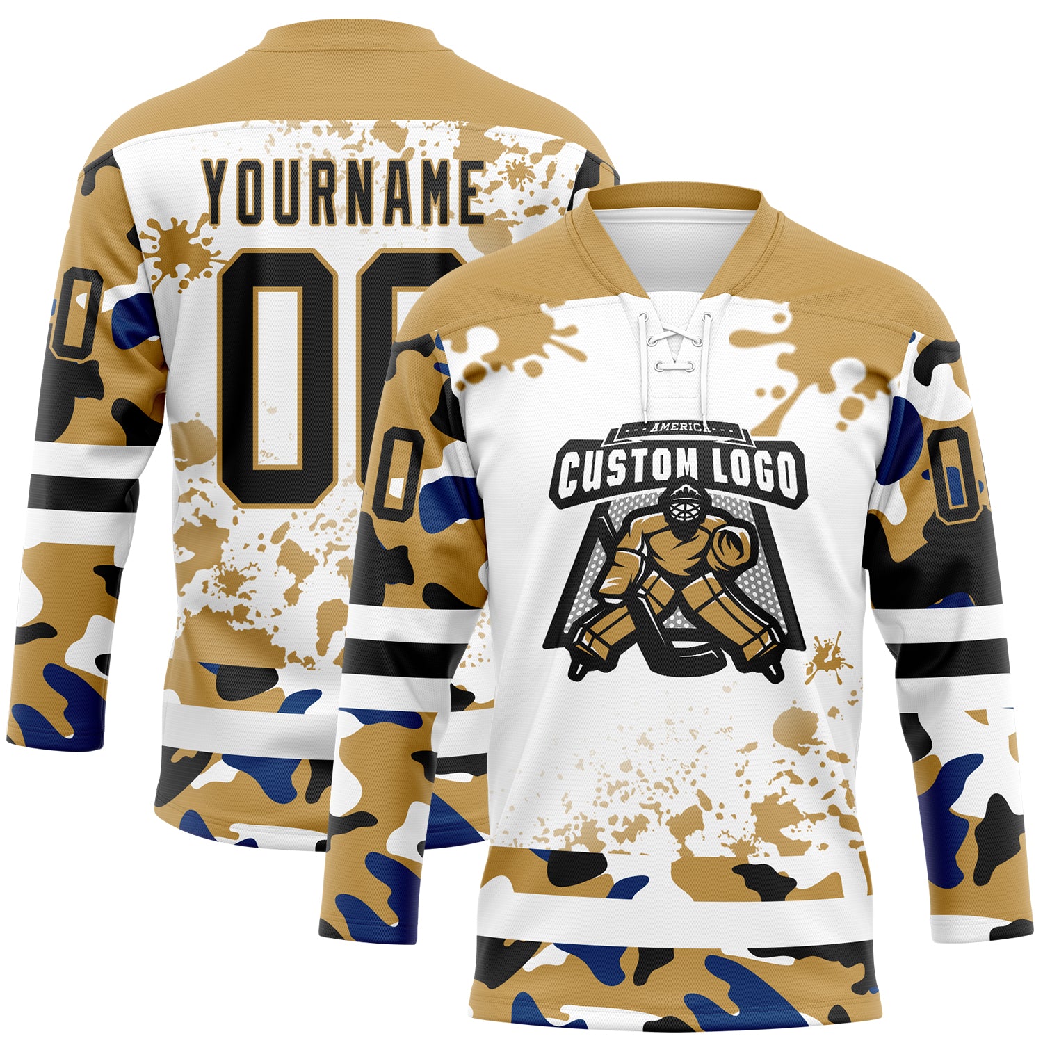 Custom Camo Black Old Gold-White Splash Hockey Lace Neck Jersey