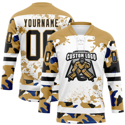 Custom Camo Black Old Gold-White Splash Hockey Lace Neck Jersey