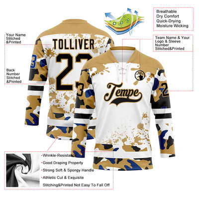 Custom Camo Black Old Gold-White Splash Hockey Lace Neck Jersey