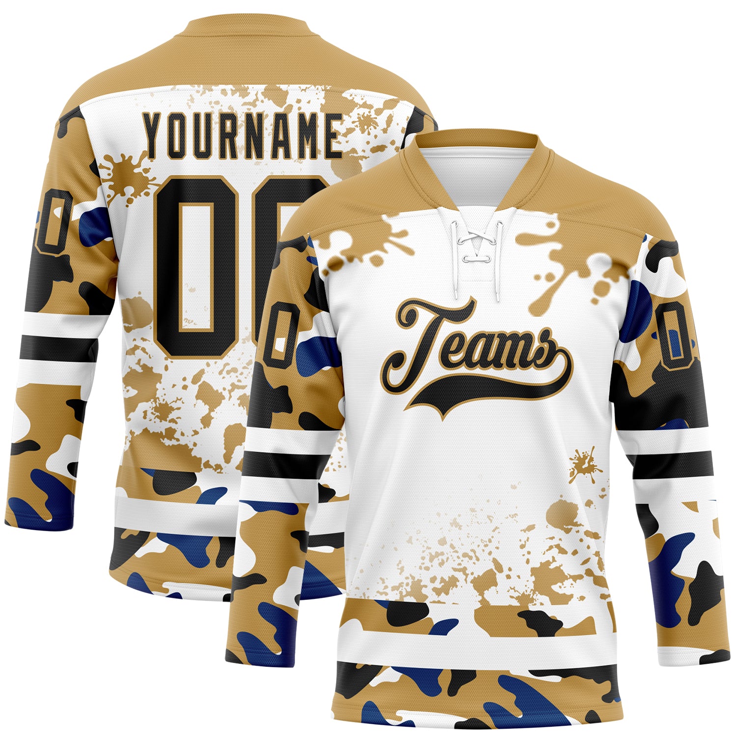 Custom Camo Black Old Gold-White Splash Hockey Lace Neck Jersey