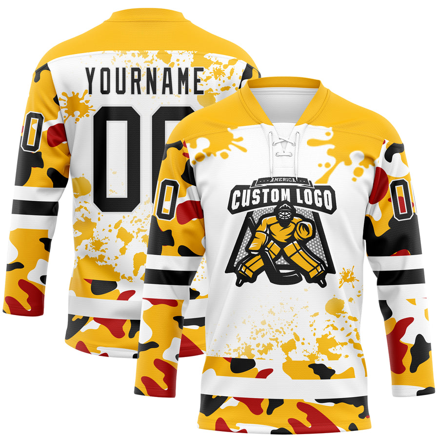 Custom Camo Black Gold-White Splash Hockey Lace Neck Jersey