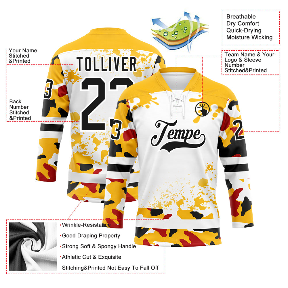 Custom Camo Black Gold-White Splash Hockey Lace Neck Jersey