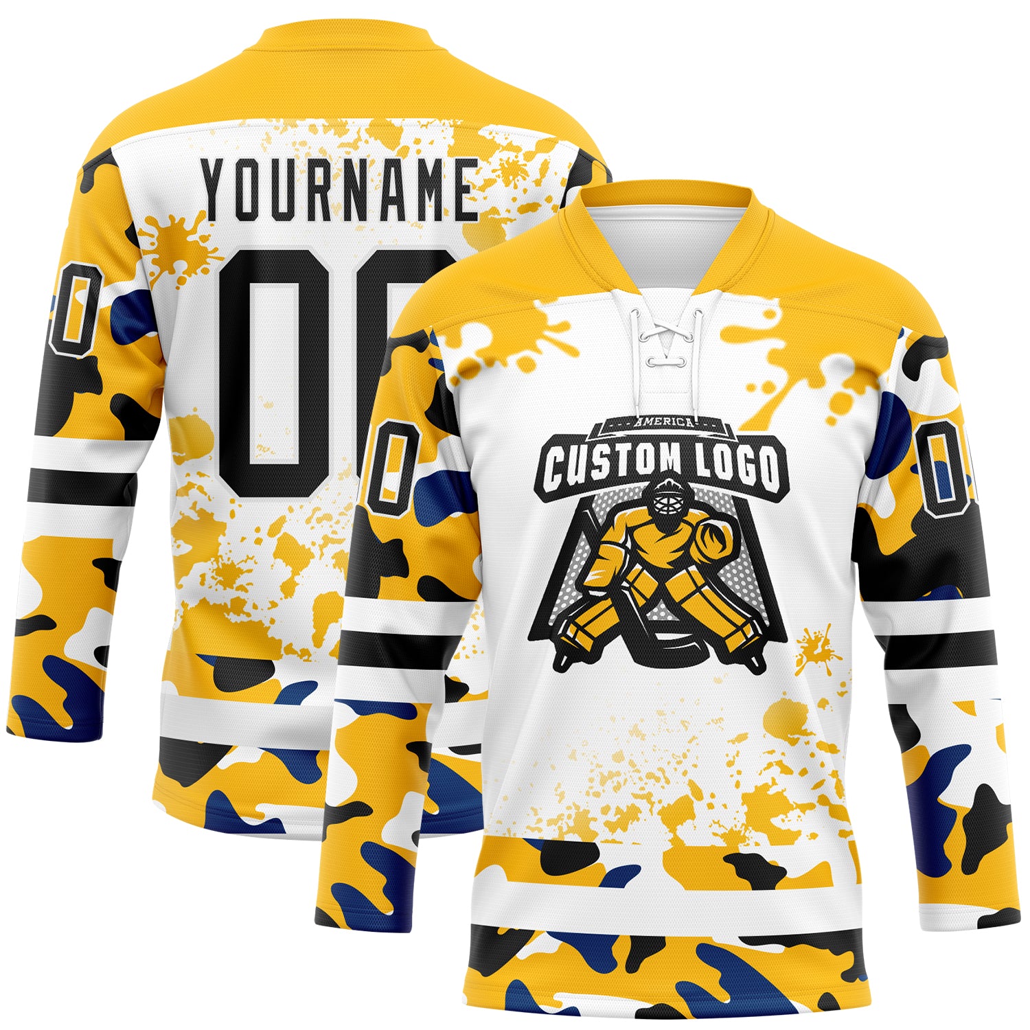Custom Camo Black Gold-White Splash Hockey Lace Neck Jersey
