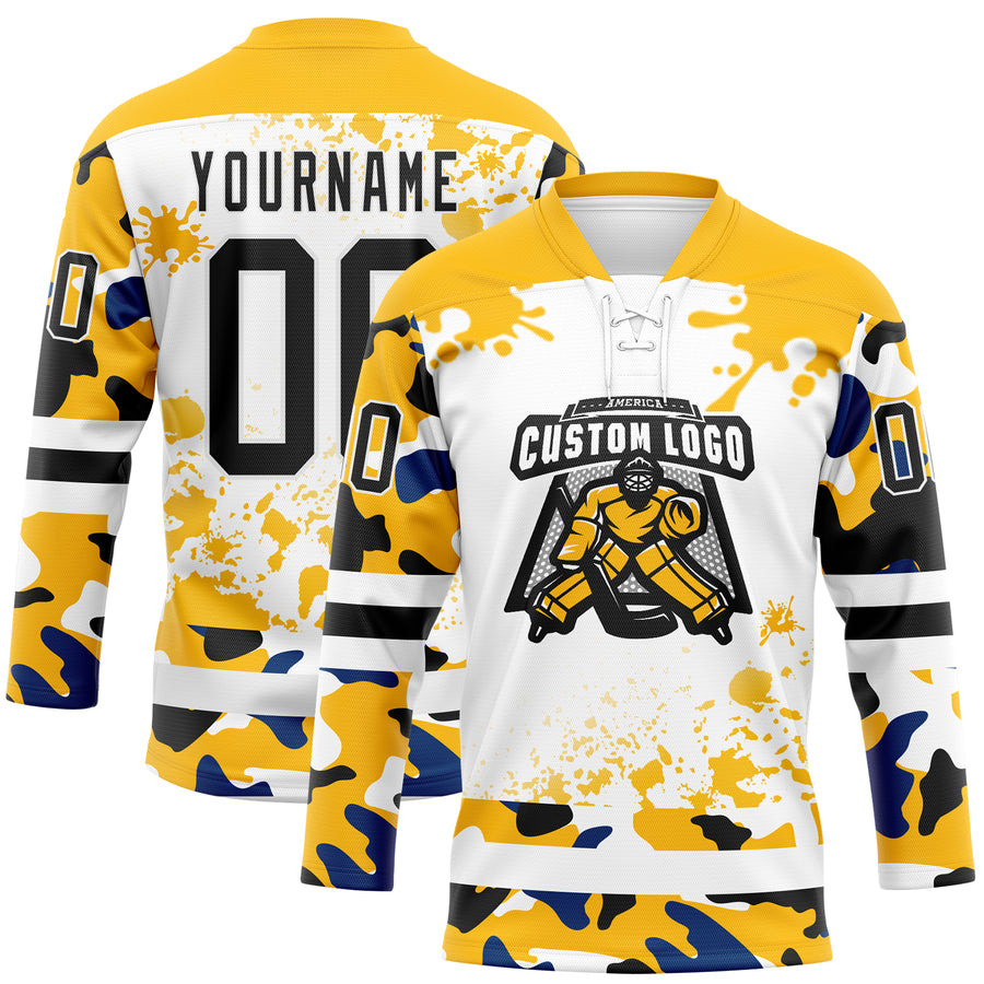 Custom Camo Black Gold-White Splash Hockey Lace Neck Jersey