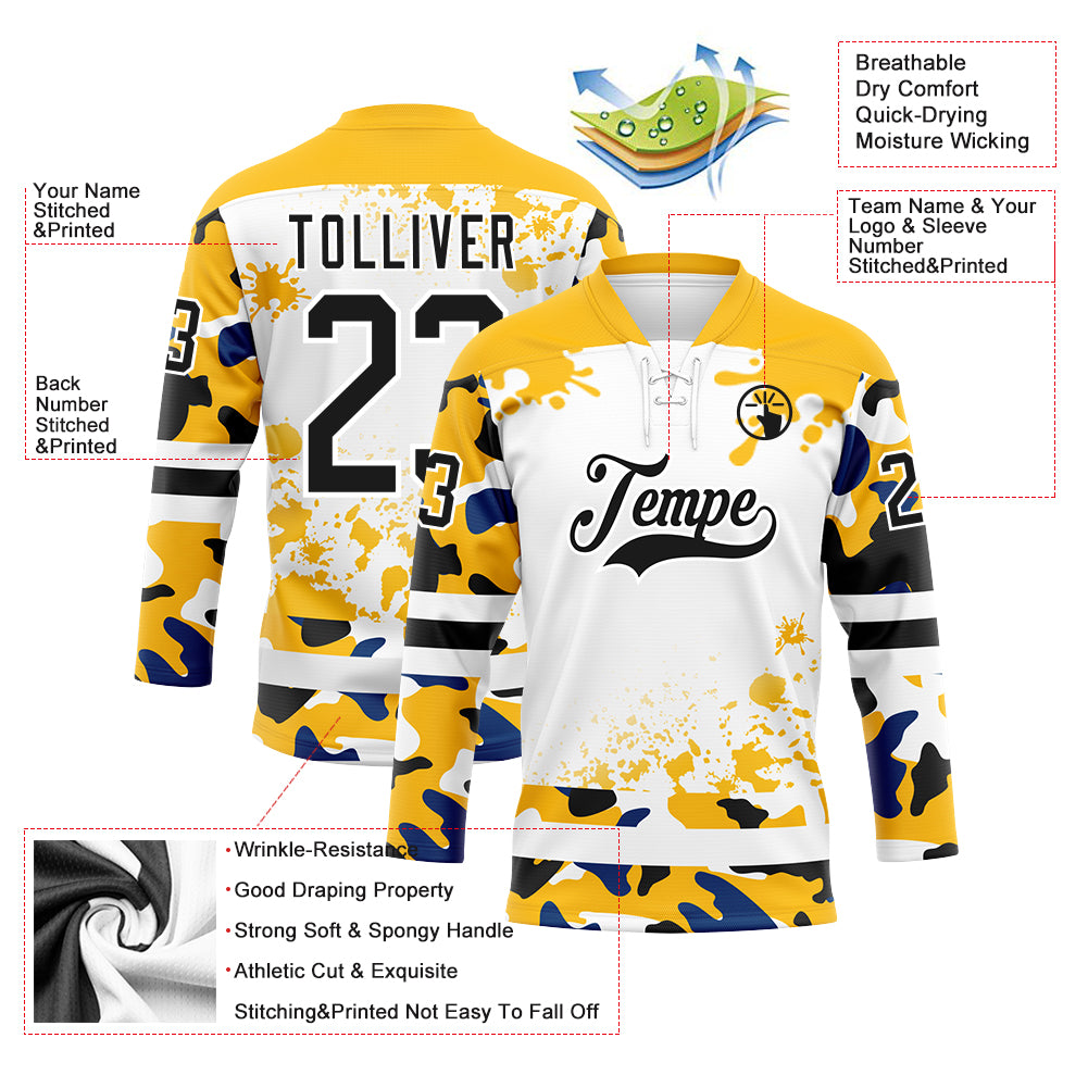 Custom Camo Black Gold-White Splash Hockey Lace Neck Jersey