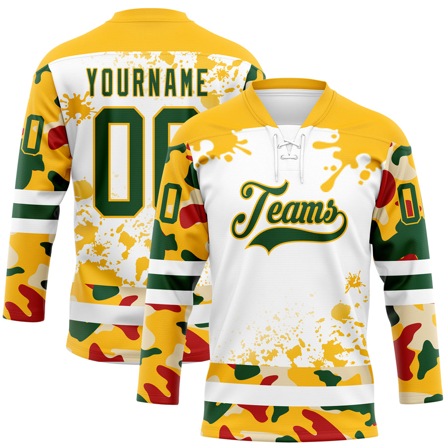 Custom Camo Green Gold-White Splash Hockey Lace Neck Jersey