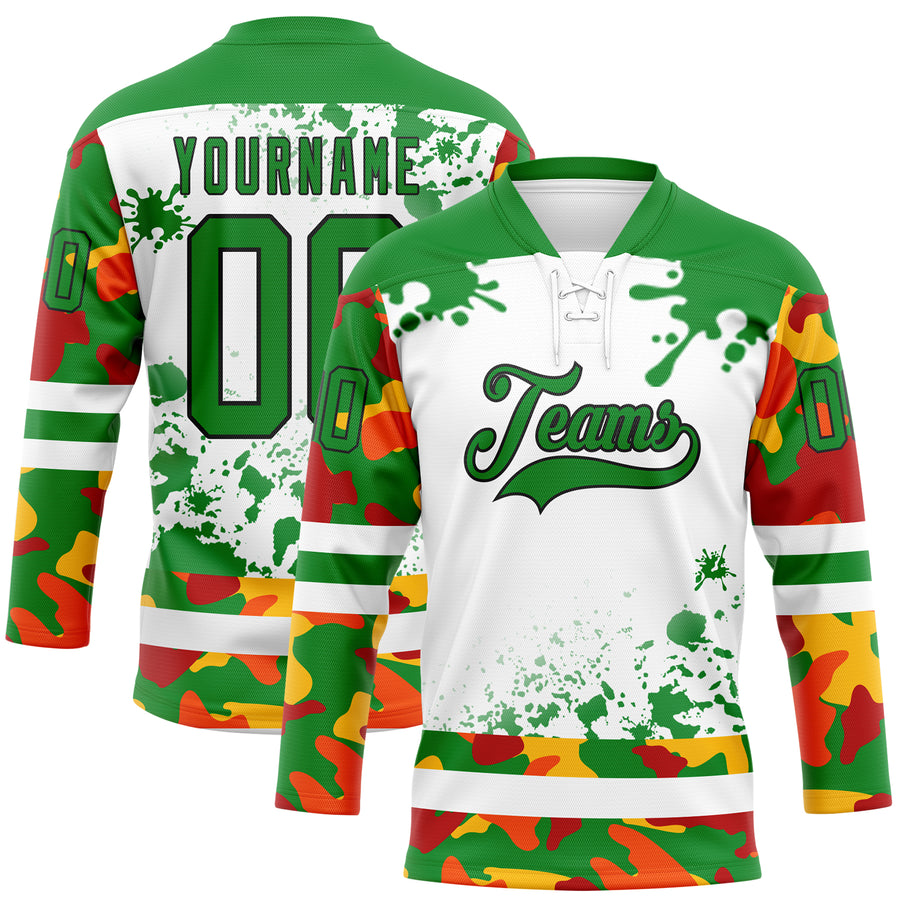 Custom Camo Grass Green Black-White Splash Hockey Lace Neck Jersey