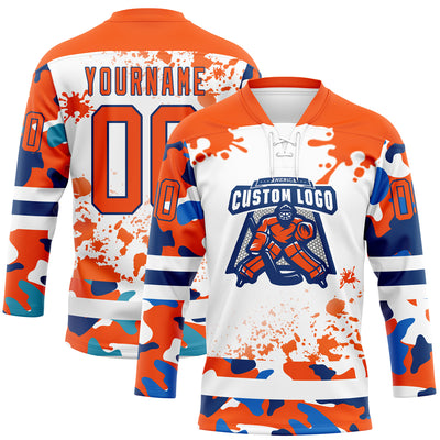 Custom Camo Orange US Navy Blue-White Splash Hockey Lace Neck Jersey
