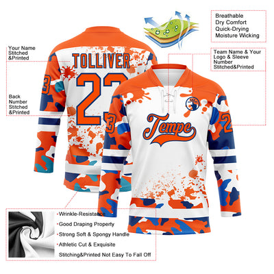 Custom Camo Orange US Navy Blue-White Splash Hockey Lace Neck Jersey