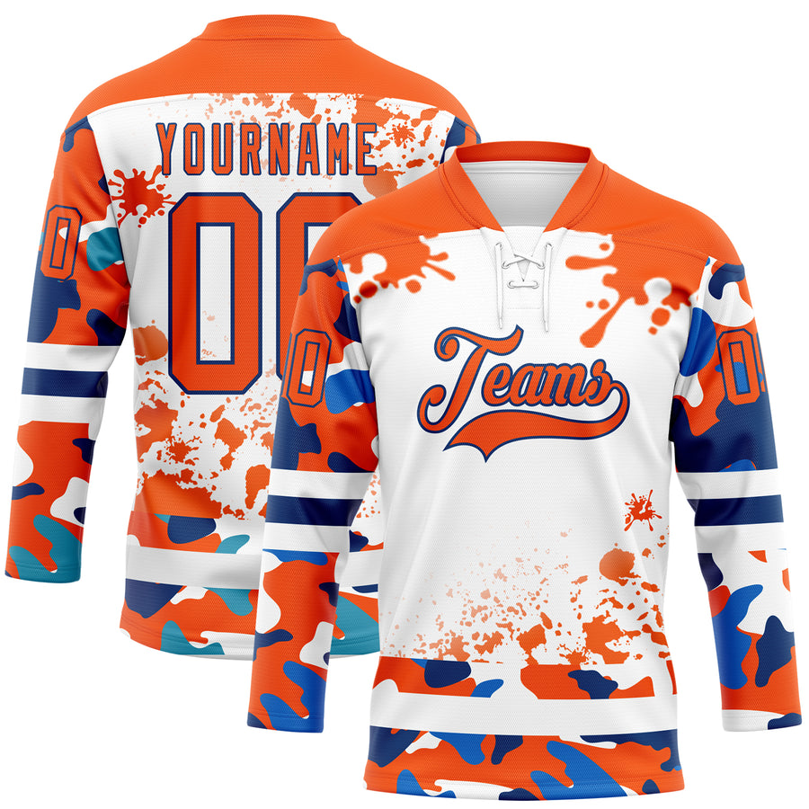 Custom Camo Orange US Navy Blue-White Splash Hockey Lace Neck Jersey