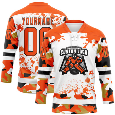 Custom Camo Orange Black-White Splash Hockey Lace Neck Jersey