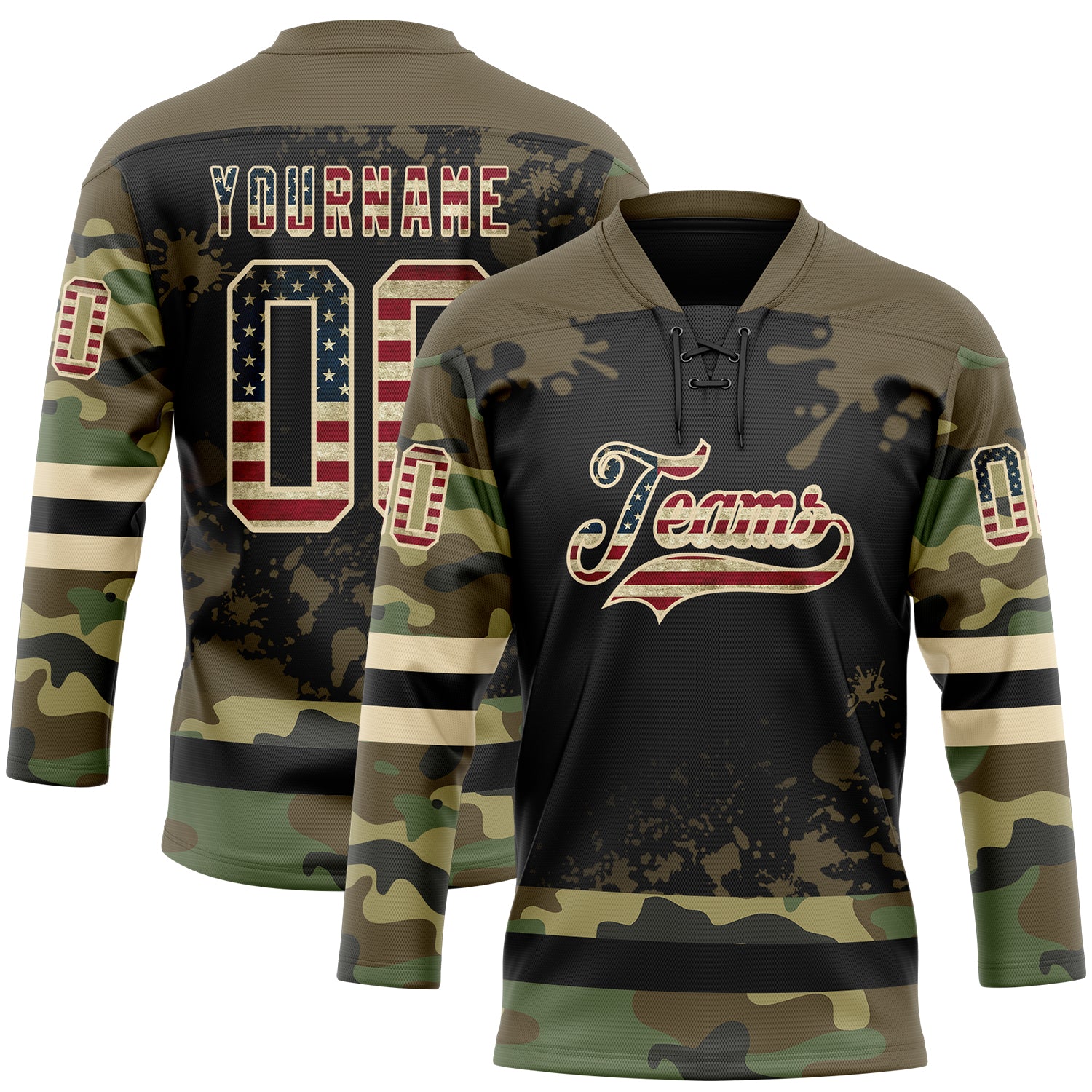 Custom Camo Vintage USA Flag Olive Black-Cream Splash Hockey Lace Neck Jersey